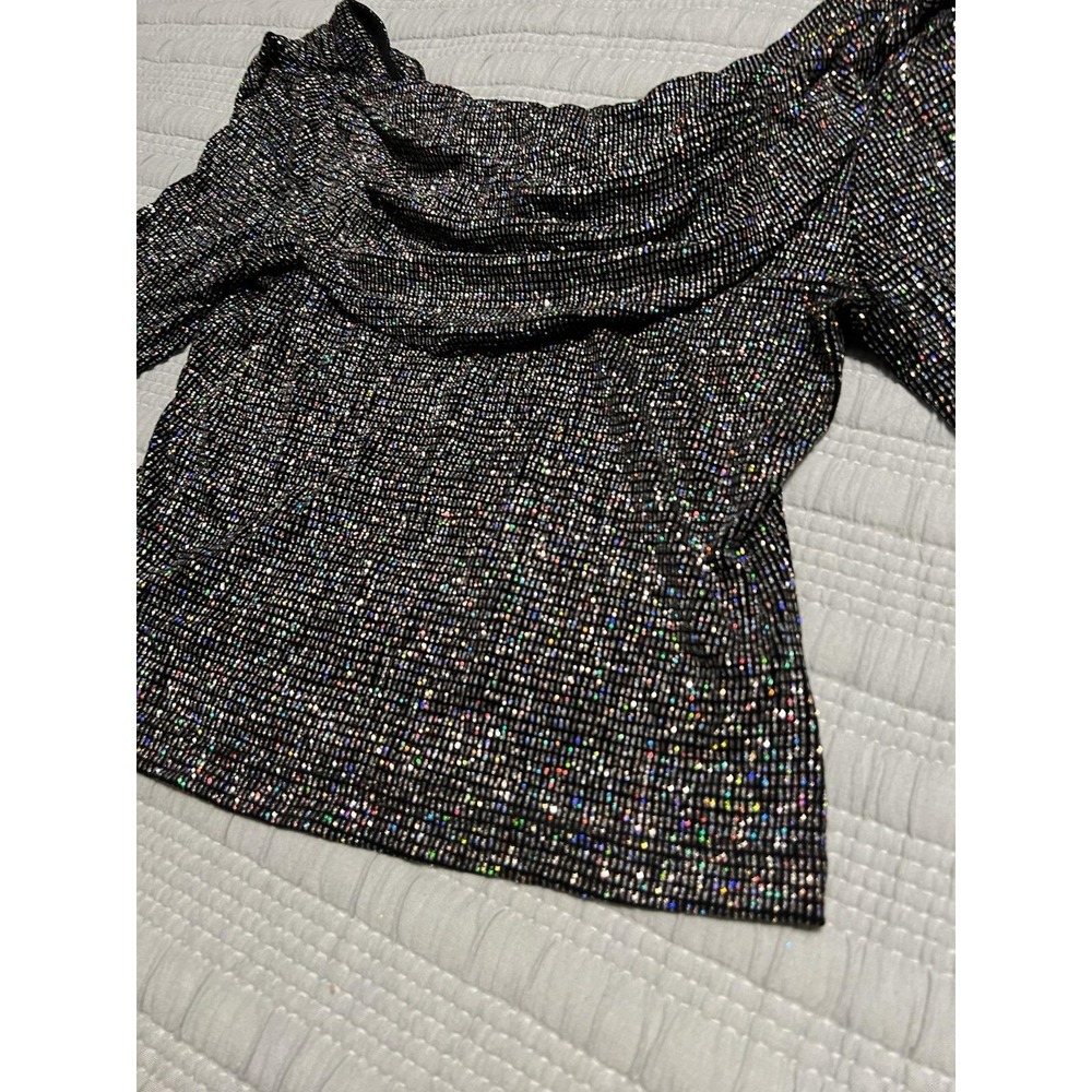 VTG Y2K MSK Black And Multicolored Glitter Cowl Off shoulder Crop Club M